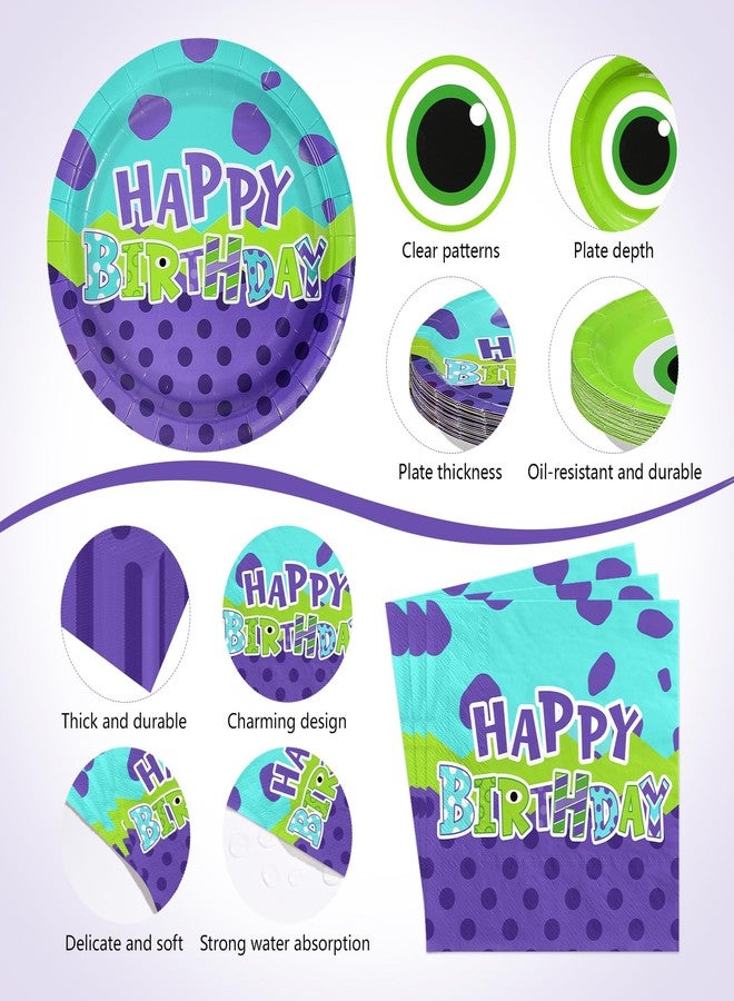 Greencian 170Pcs Monster Birthday Party Supplies Monster Themed Plates and Napkins Cups, Forks, Tablecloth Green and Purple Cartoon Party Supplies for Kids Birthday Baby Shower Decoration Serves 24 - Image 3